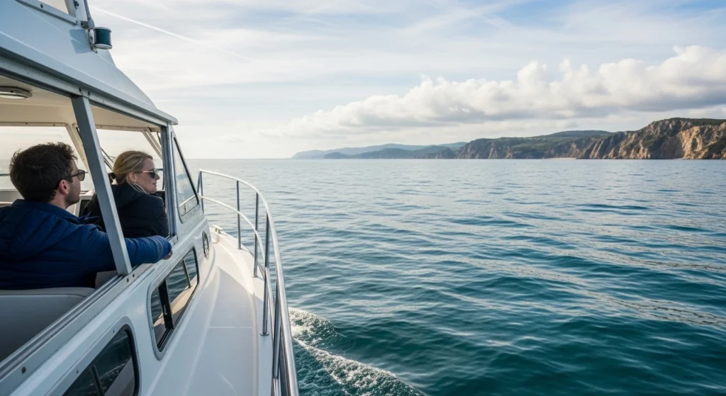 Sightseeing boat on calm waters with travelers enjoying the view, illustrating boat tour season tips.