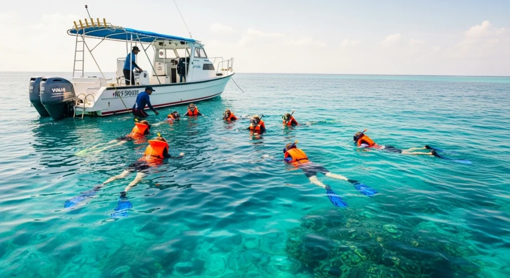 Tourists wearing life jackets and snorkeling gear safely enter clear turquoise waters from a small boat, guided by a crew member, with coral and fish visible below.