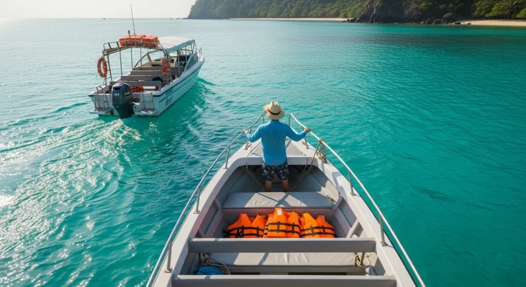 Boat tour safety tips: traveler on a boat overlooking calm waters, life jackets visible onboard.