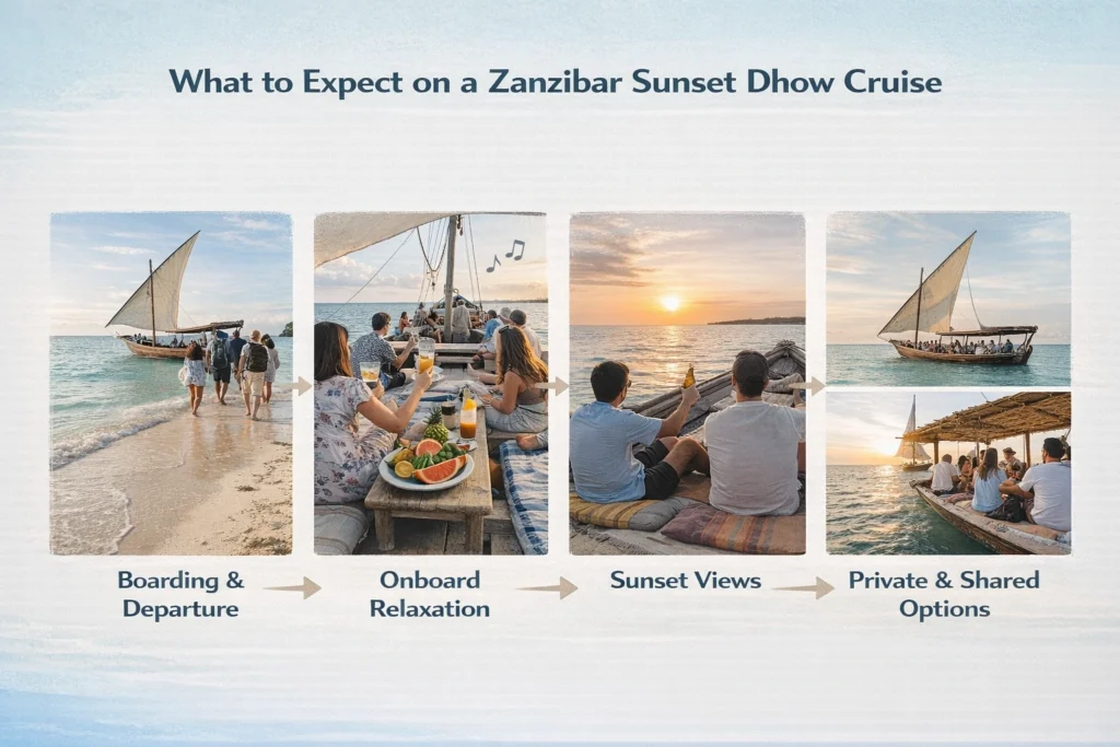 Key stages of a Zanzibar sunset dhow cruise: boarding, onboard relaxation, sunset views, and private or shared options.