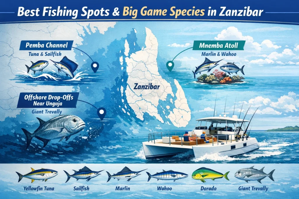 Best Fishing Spots and Big Game Species in Zanzibar infographic showing Pemba Channel, Mnemba Atoll, and Unguja drop-offs with tuna, marlin, sailfish, wahoo, dorado, and giant trevally illustrations.