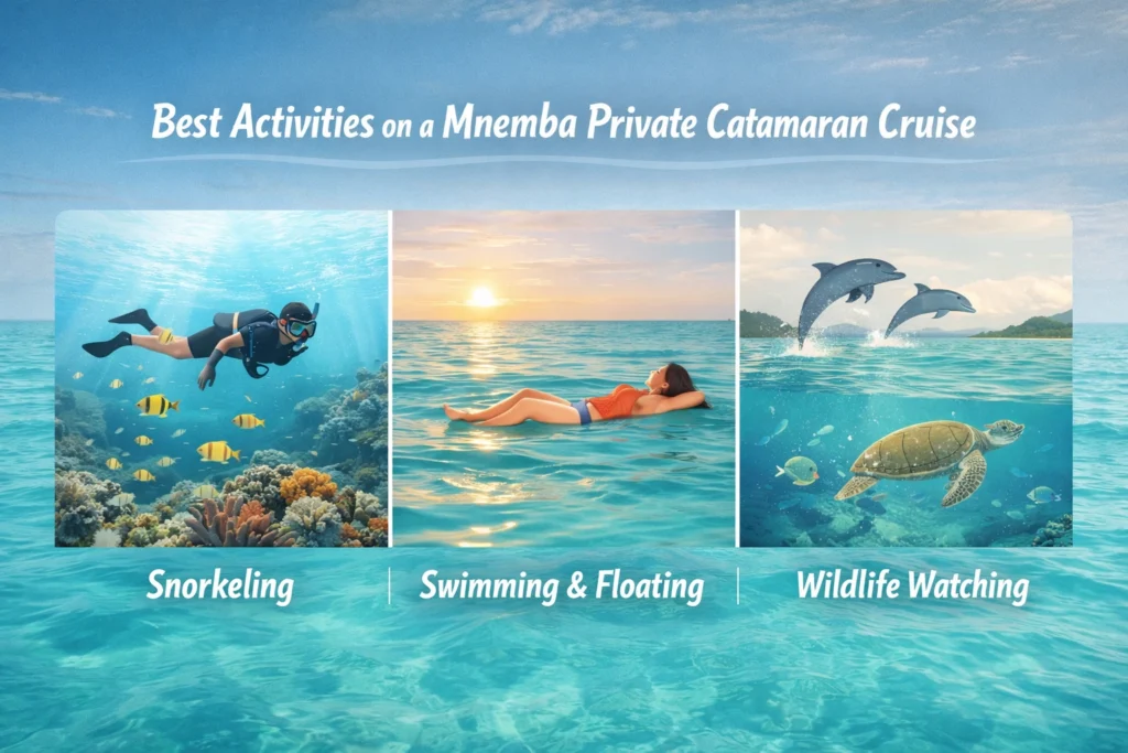 Showing snorkeling, swimming, and marine wildlife watching on a Mnemba private catamaran cruise.