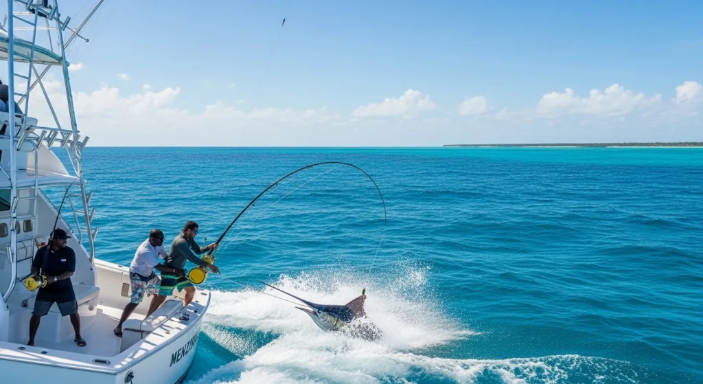 Angler catching marlin on Zanzibar deep sea fishing charter in the Indian Ocean