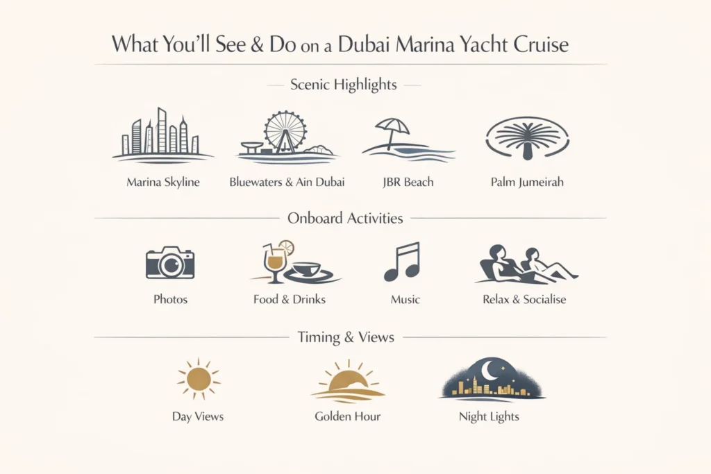 Dubai Marina yacht cruise infographic showcasing skyline, attractions, onboard experiences, and day-to-night views.