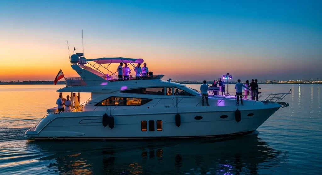 Dubai Marina yacht party at sunset and night with DJ and city lights
