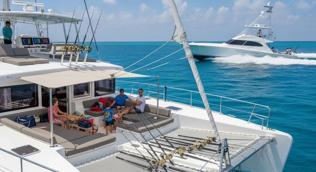 Zanzibar fishing catamaran and sportfishing boat on the Indian Ocean with rods and shaded seating