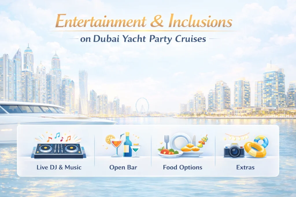 Entertainment and inclusions on Dubai yacht party cruise.