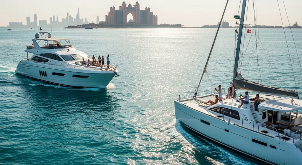 Luxury Dubai yacht tour near Palm Jumeirah with passengers on deck and Atlantis The Palm in the background.