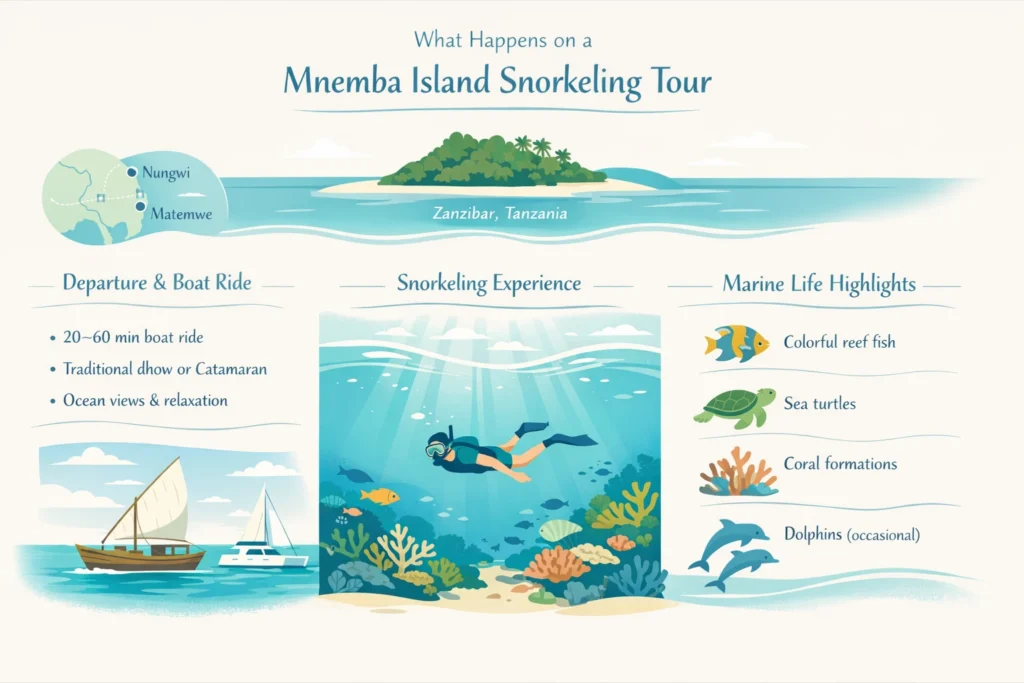 Mnemba Island snorkeling experience overview - Departure & Boat Ride - Snorkeling Experience - Marine Life Highlights