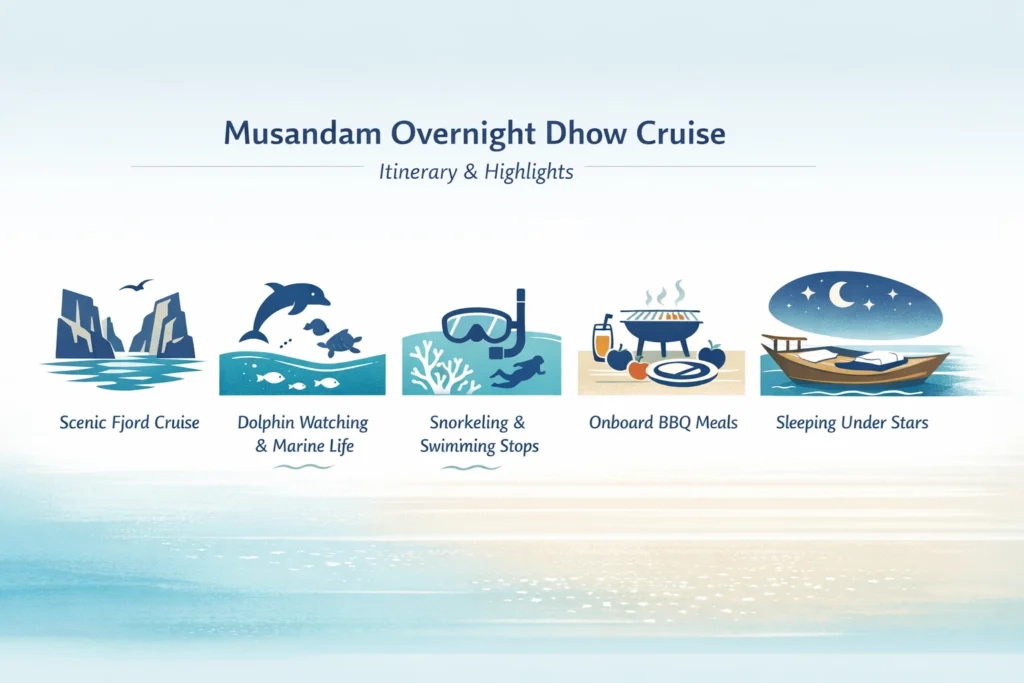 Showing the itinerary and highlights of an overnight dhow cruise in Musandam Peninsula, including fjord cruising, dolphin watching, snorkeling stops, BBQ meals, and sleeping under the stars.