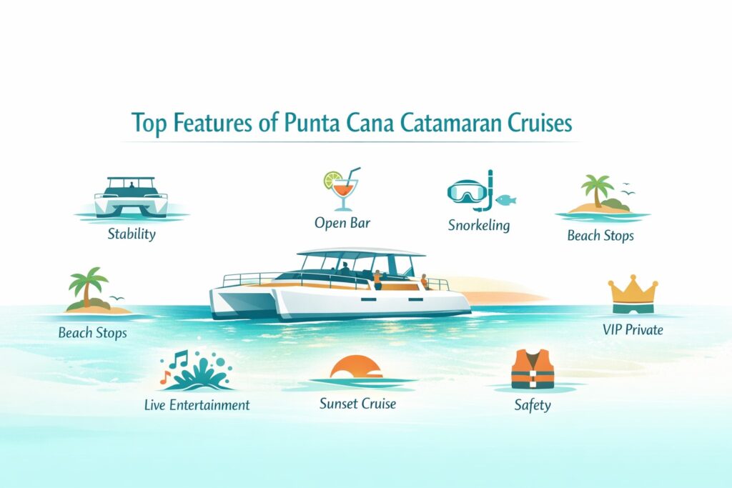 Top features of Punta Cana party catamaran cruises with icons for stability, open bar, snorkeling, beach stops, entertainment, sunset, VIP, and safety on turquoise waters.