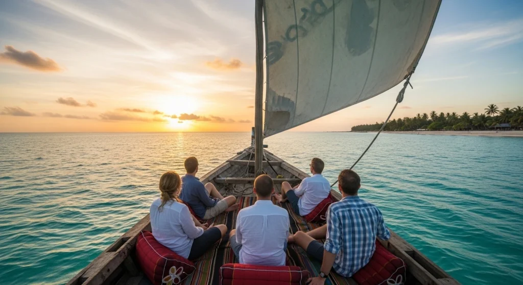 Travelers seated on a dhow, viewed from behind, watching the Zanzibar sunset over calm waters.