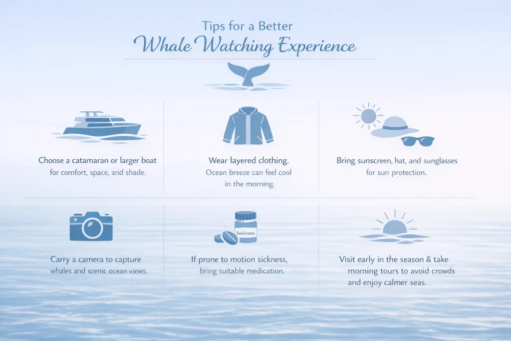 Tips for a Better Whale Watching Experience” on a calm blue ocean background with a whale tail illustration.