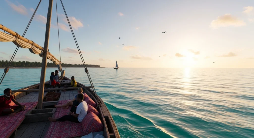 Traditional wooden dhow sailing on calm turquoise waters near Zanzibar at sunset, with passengers relaxing on deck and golden-pink sky reflecting on the ocean.