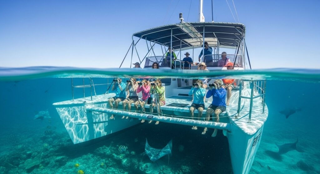 Passengers of all ages sit comfortably on a stable glass-bottom catamaran in Cabo San Lucas, observing colorful reefs, rays, and tropical fish through large acrylic panels.