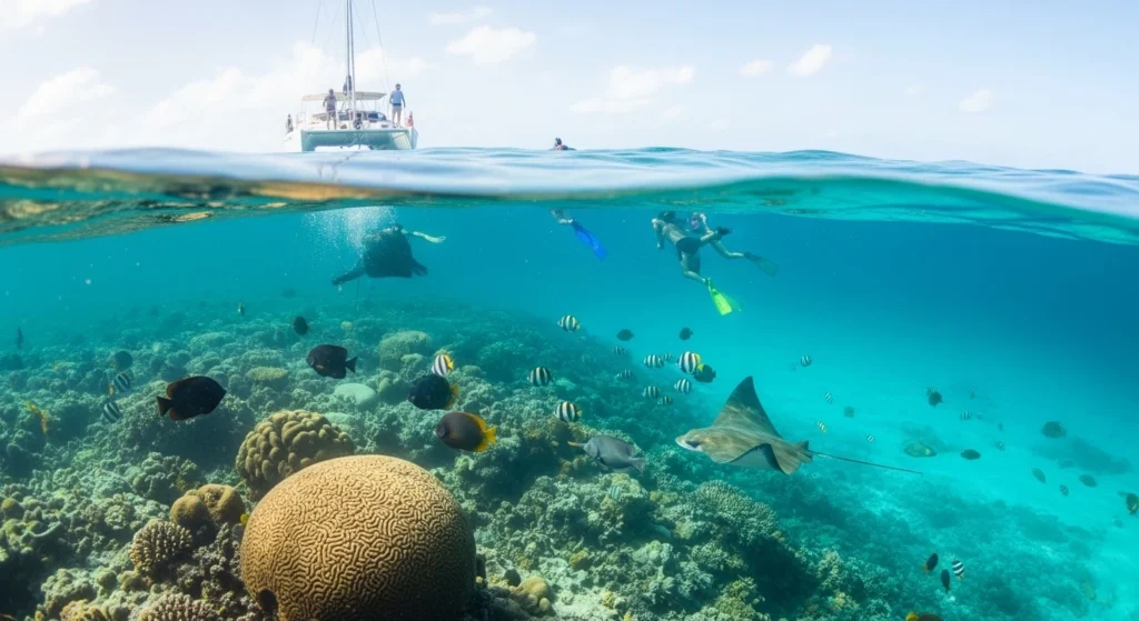 Private Catalina Island snorkeling expedition showing clear turquoise Caribbean water, brain coral reefs, and tropical fish during a half-day catamaran cruise.