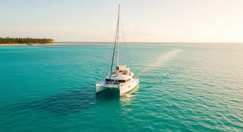 Private white catamaran sailing alone on calm turquoise Caribbean waters near a tropical coastline with palm trees, with no people on board.