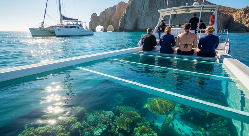 Cabo glass-bottom boat gliding over clear turquoise reefs with fish and a sea turtle near coastal cliffs.