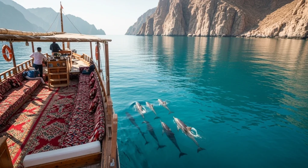 Traditional wooden dhow cruise in Khasab sailing through the Musandam fjords with dolphins swimming beside the boat in calm turquoise water.