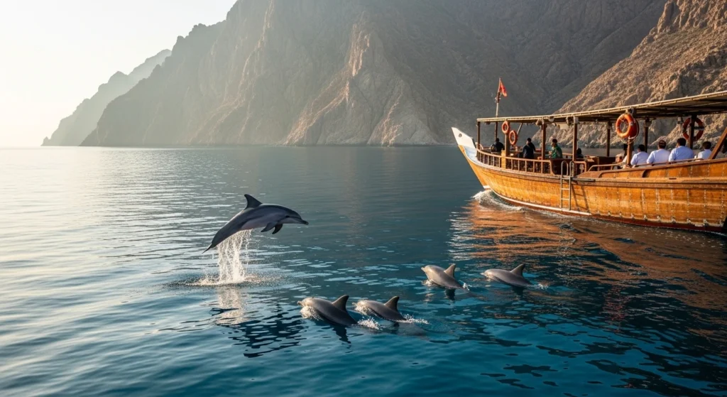 Pod of dolphins swimming and leaping beside a traditional dhow in the calm Musandam fjords near Khasab during morning light.