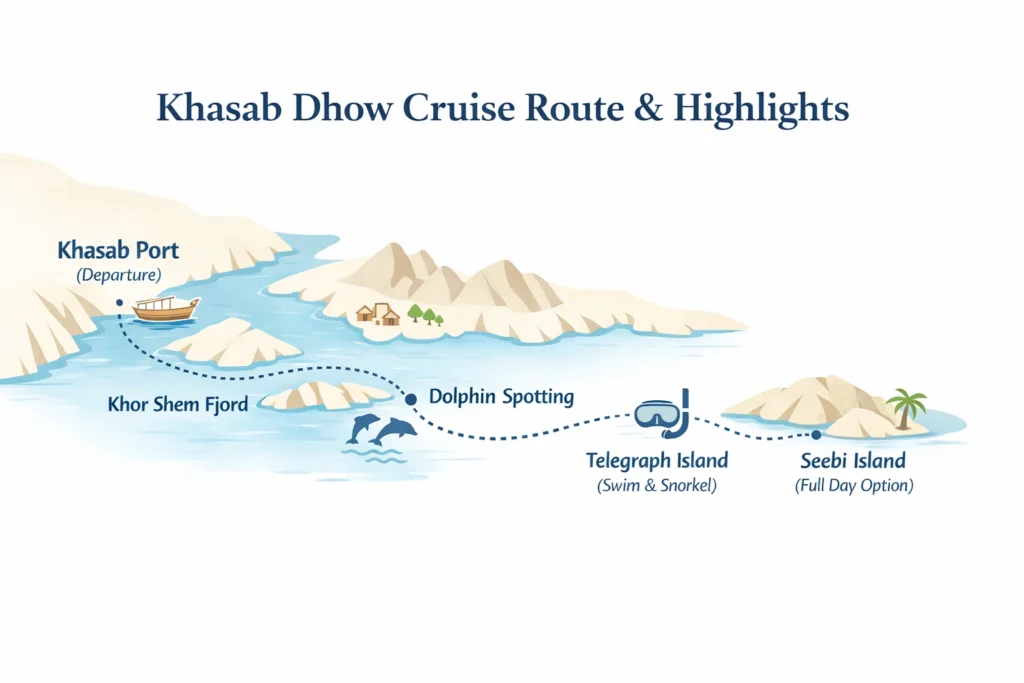 Khasab dhow cruise route map from Khasab Port to Telegraph and Seebi Islands in Musandam, Oman.