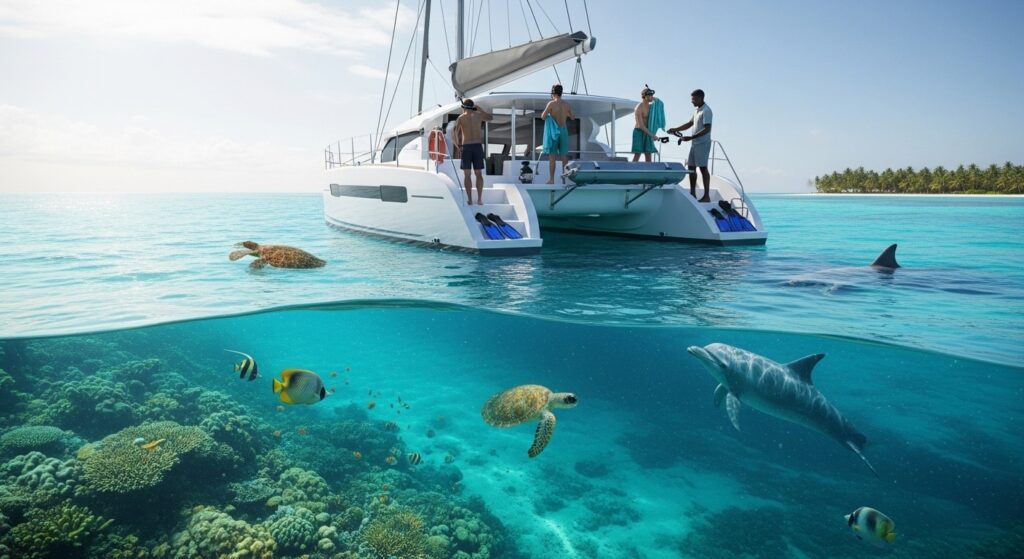 Back view of passengers on a Mnemba Island catamaran with clear waters, coral reefs, and marine life.