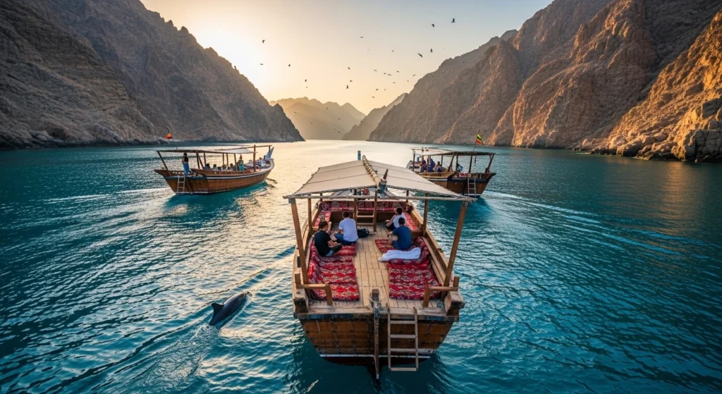 Overnight dhow cruise sailing through Musandam fjord cliffs at sunset with calm turquoise water and a few passengers resting on deck.