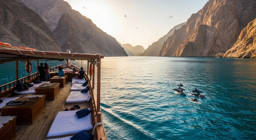 Traditional wooden dhow sailing through the fjord cliffs of Musandam Peninsula during sunset, with calm blue and turquoise sea, dolphins swimming nearby, and a few passengers resting on the deck.
