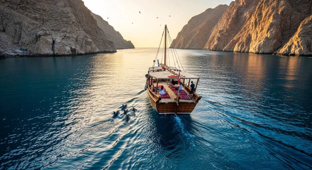 Overnight dhow cruise sailing through the fjord cliffs of Musandam Peninsula during sunset, with calm blue sea, dolphins nearby, and a few passengers resting on the wooden deck.