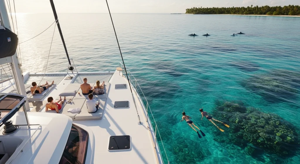 Private catamaran near Mnemba Atoll with a few passengers seen from behind and snorkelers in turquoise waters.