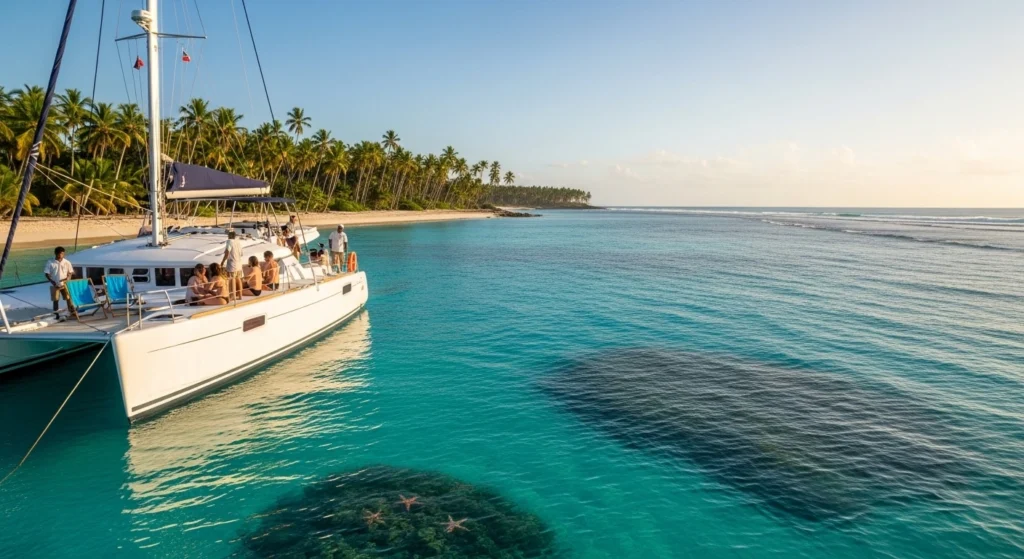 Luxury private catamaran cruising in Punta Cana with a small group of guests enjoying turquoise Caribbean waters near a quiet beach at sunset.
