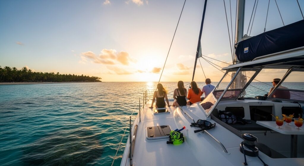 Guests enjoying a Punta Cana party catamaran cruise at sunset, sailing over turquoise Caribbean waters with a relaxed party vibe.