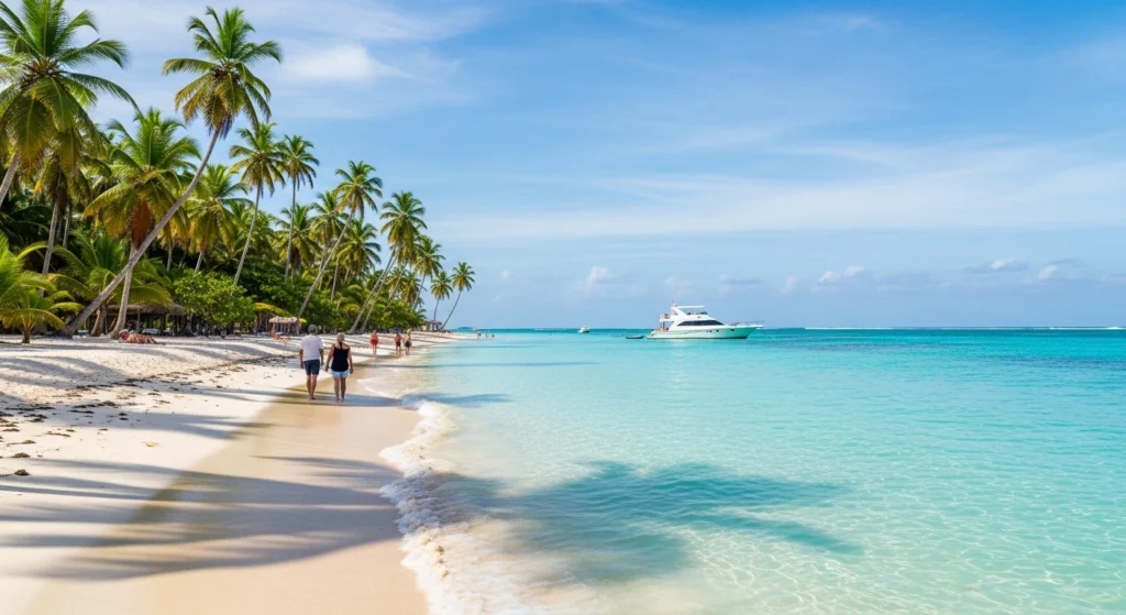 Wide-angle view of a pristine beach on Saona Island in Cotubanamá National Park, Dominican Republic, featuring white sand, crystal-clear turquoise water, tall palm trees, a private yacht anchored in shallow water, and one or two people walking from behind under a bright tropical sky.
