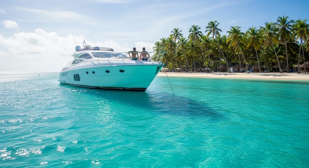 Luxury private yacht anchored in the turquoise waters of Saona Island, Dominican Republic, near a white sand beach with palm trees and a calm tropical atmosphere.