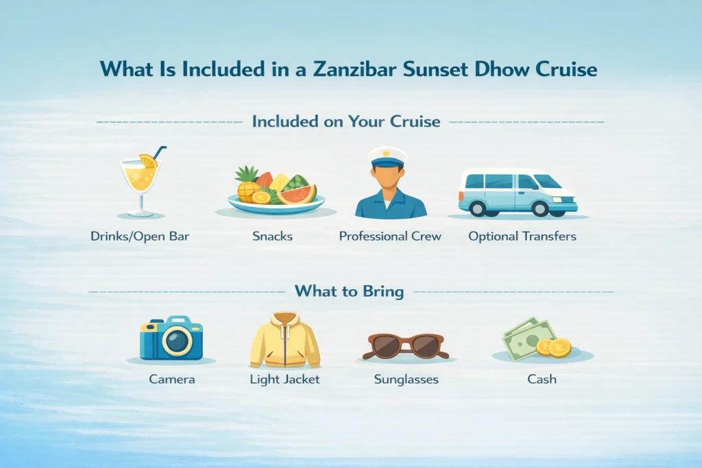 Showing inclusions and essentials for a Zanzibar sunset dhow cruise with flat icon