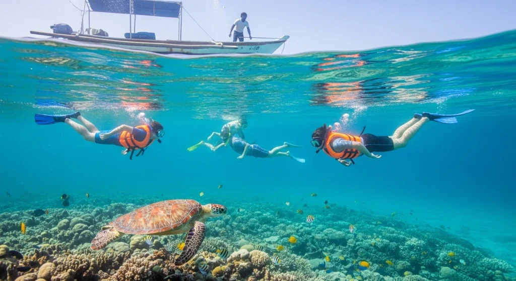 A group of snorkelers swim calmly above a colorful coral reef in clear turquoise water, observing tropical fish and a sea turtle while a guide watches from a boat nearby.