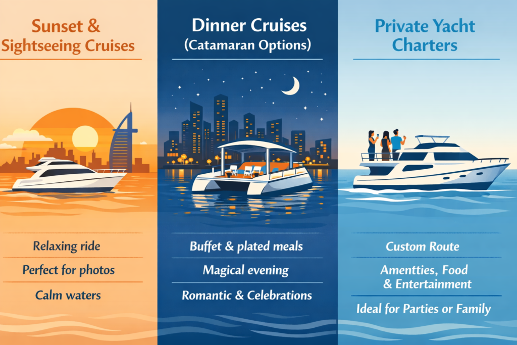 Yacht at sunset by a city skyline, a dining catamaran at night, and a luxury yacht with people on open water.
