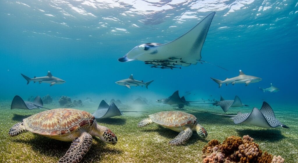 Underwater view from a glass-bottom boat in Cabo San Lucas with sea turtles grazing, rays gliding over sand, and a manta ray overhead.