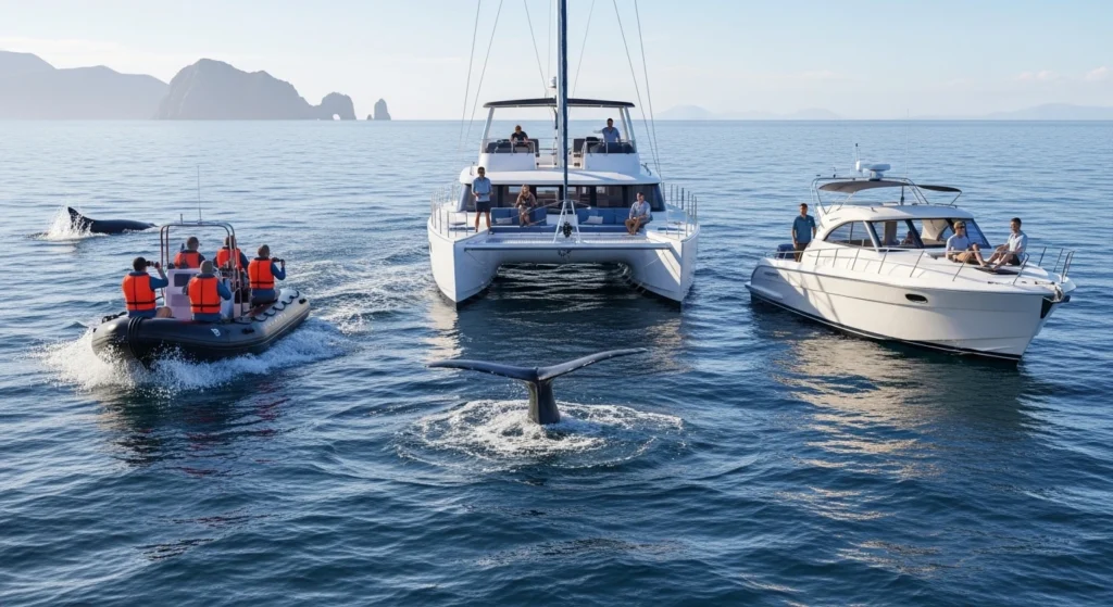 ocean scene showing three whale watching boats — a zodiac close to water with passengers, a spacious catamaran with shaded deck views, and a luxury private boat, with a whale tail emerging from calm blue sea under natural sunlight.