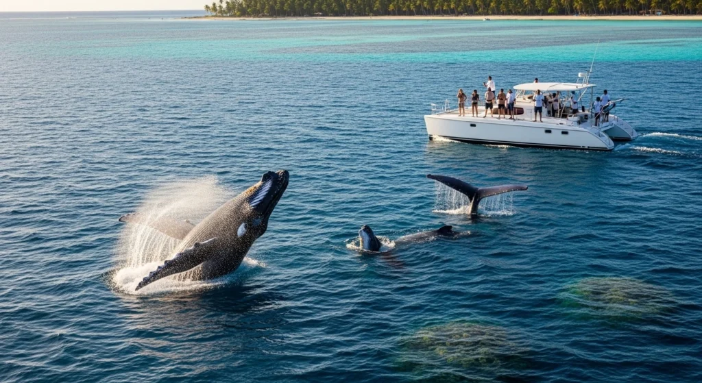 Humpback whale breaching near a private catamaran during whale watching and Saona Island cruise in Punta Cana Caribbean waters.