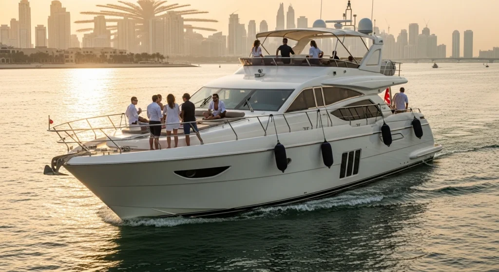 Luxury yacht sailing near Dubai Marina at sunset with people on deck, golden water reflections, and Dubai skyline in the background.