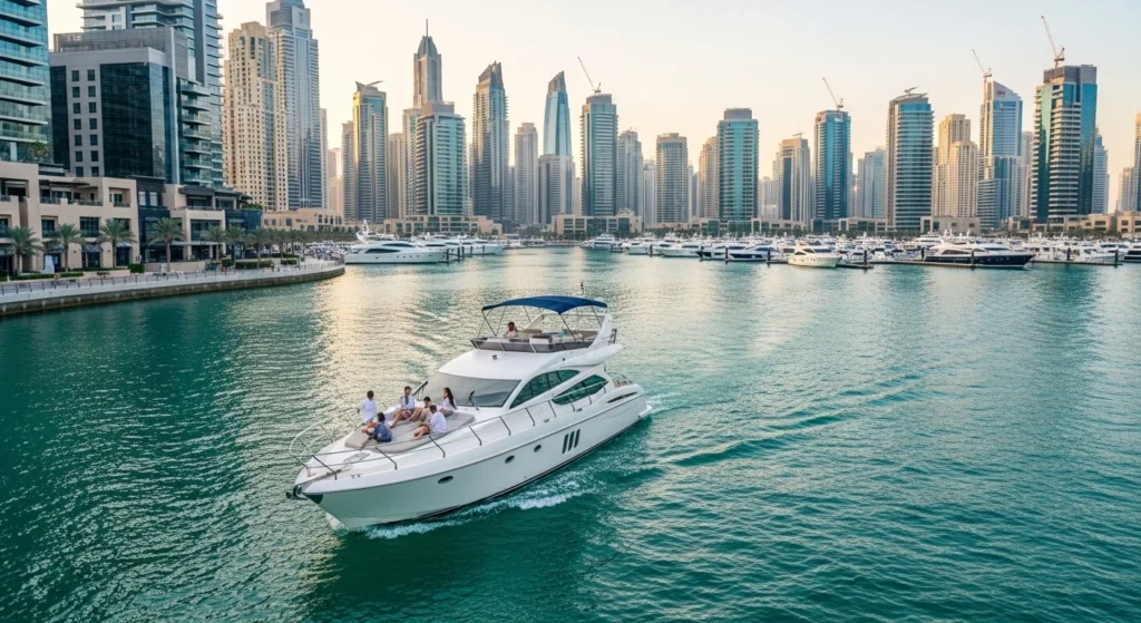 Dubai Marina yacht cruise with a luxury yacht sailing past modern skyscrapers, calm water, and passengers enjoying sunset views.