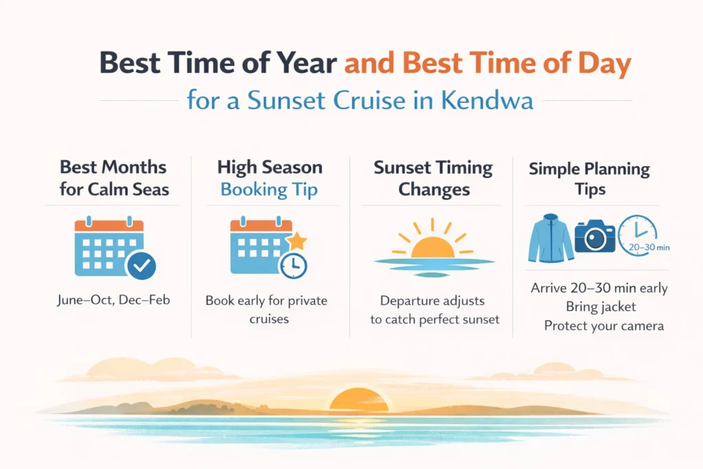 Showing the best time of year and day for a sunset cruise in Kendwa, highlighting calm sea months, booking tips, sunset timing, and simple planning advice.