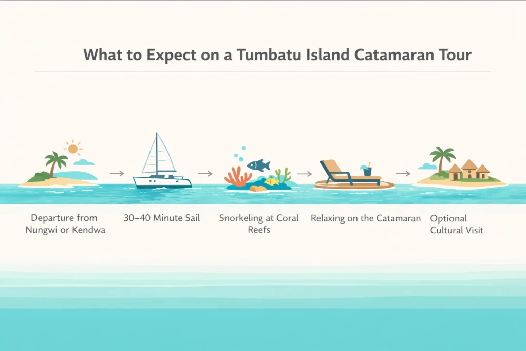 Showing what to expect on a Tumbatu Island catamaran tour with icons for departure, sailing, snorkeling, relaxing, and cultural visit.