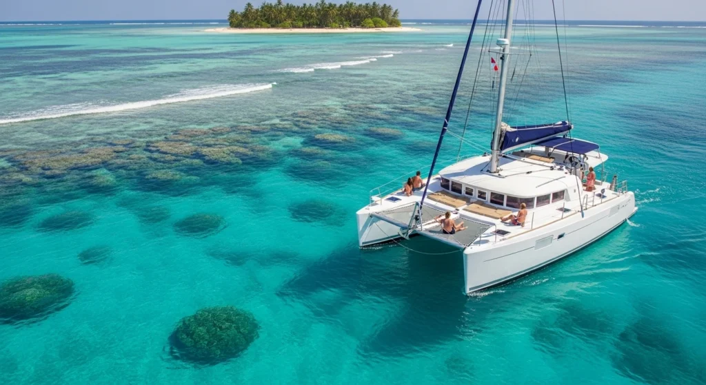 White catamaran sailing on clear turquoise waters near Tumbatu Island, Zanzibar, with coral reefs visible below and a tropical island with palm trees in the background.