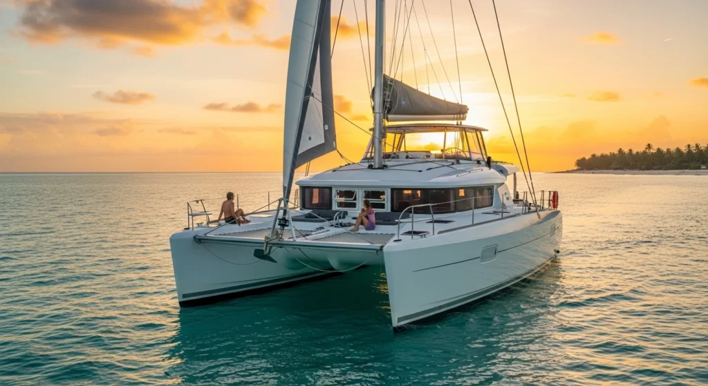 Luxury catamaran sailing near Kendwa Beach, Zanzibar during a golden sunset, with calm turquoise waters and a peaceful tropical atmosphere.