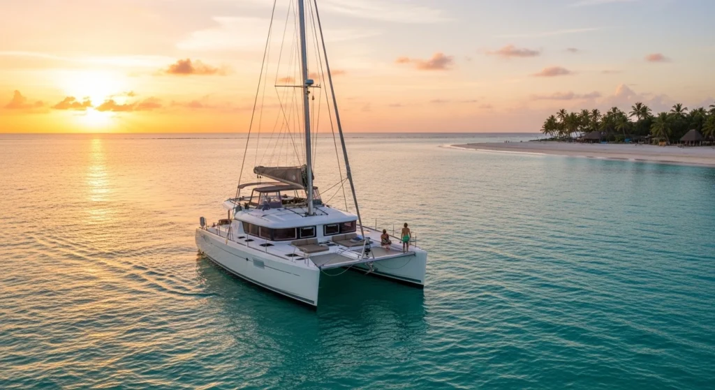 Private catamaran sailing off Kendwa Beach, Zanzibar during a calm sunset, showing the full boat, turquoise waters, and a peaceful tropical atmosphere.