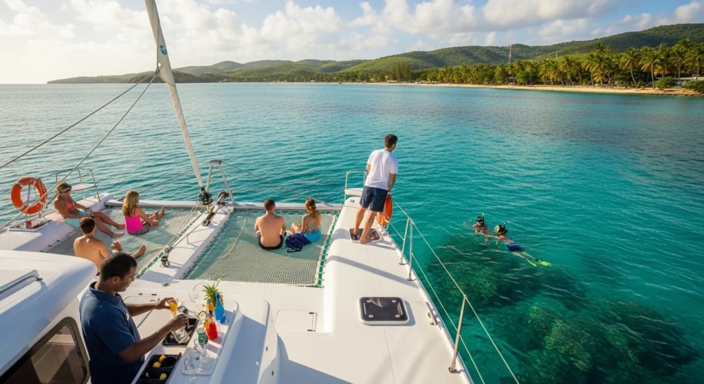 Guests enjoying a catamaran cruise in Montego Bay, Jamaica, sailing along the tropical coastline with turquoise water, snorkeling near the boat, and crew preparing drinks onboard under a bright Caribbean sky.