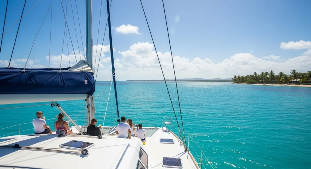Montego Bay catamaran sailing on turquoise Caribbean waters with a few people relaxing on deck, viewed from behind, with a distant Jamaican coastline under a sunny blue sky.