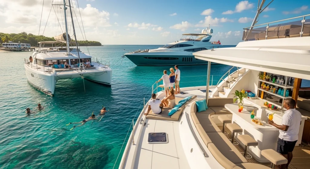 Luxury catamaran and yacht cruise in Montego Bay, Jamaica, with snorkeling in crystal-clear turquoise water and crew serving drinks onboard under a bright tropical sky.
